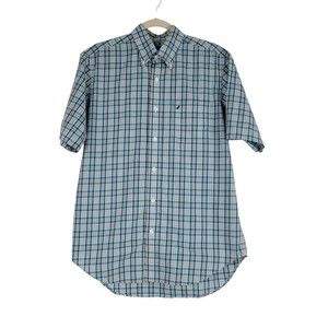 Nautica Mens M Short Sleeve Button Up Shirt Blue Green Plaid Wrinkle Resistant